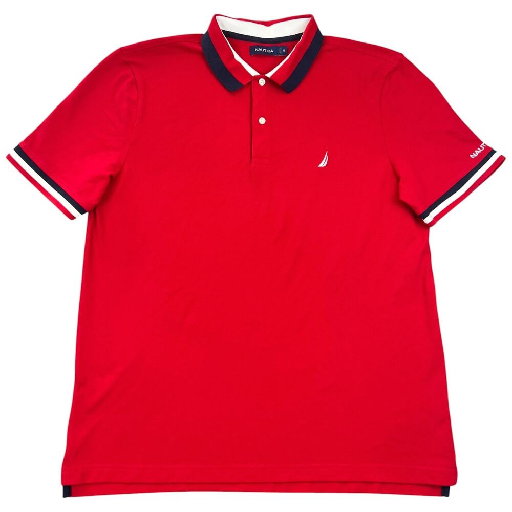 Nautica Men’s Red Pique Polo Shirt Navy White Striped Trim Logo - Fits Large